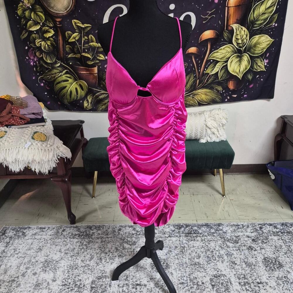 Pink satin ruched mini dress